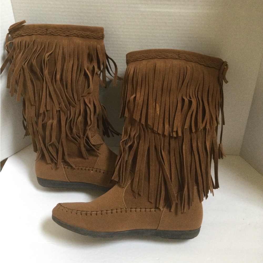 Rampage Womens 8M Brown sueded fringe boho boots - Picture 3 of 5